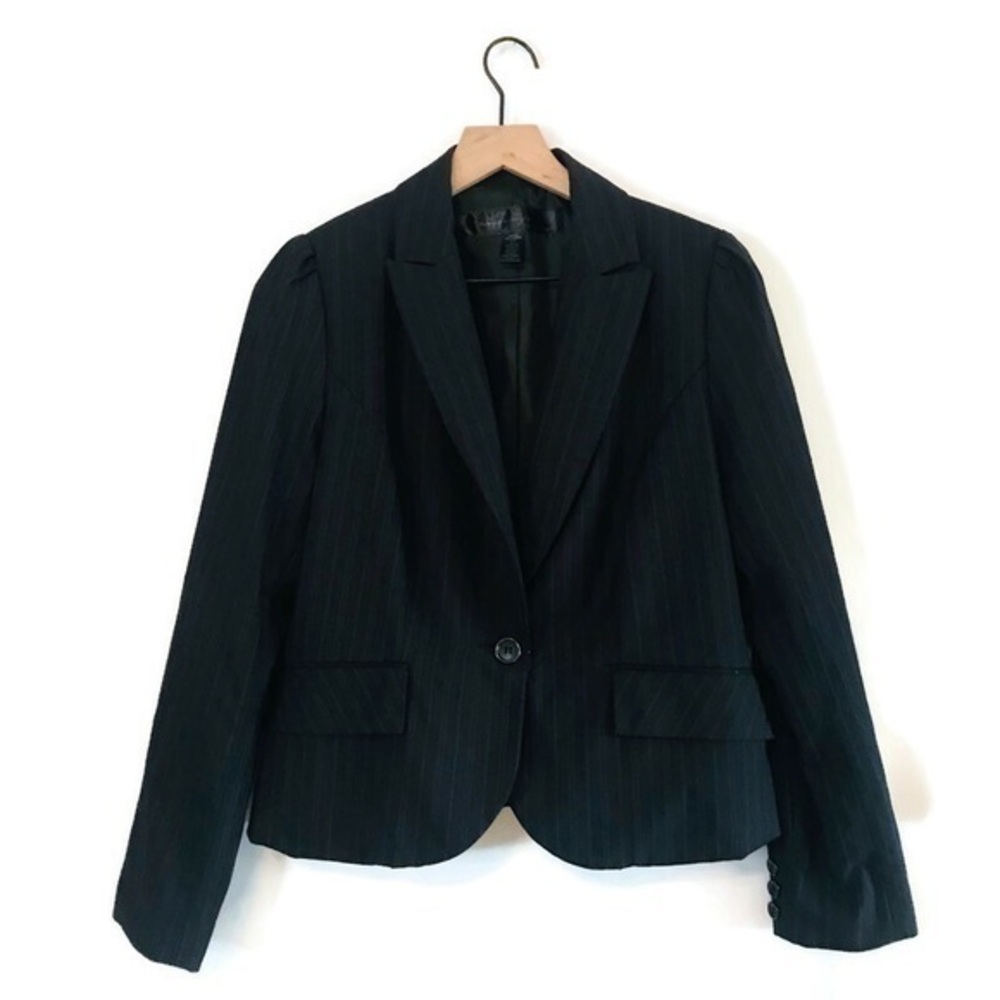 Apostrophe Black Purple Pinstripe Striped Single Button Blazer 12p petite 12 LRG